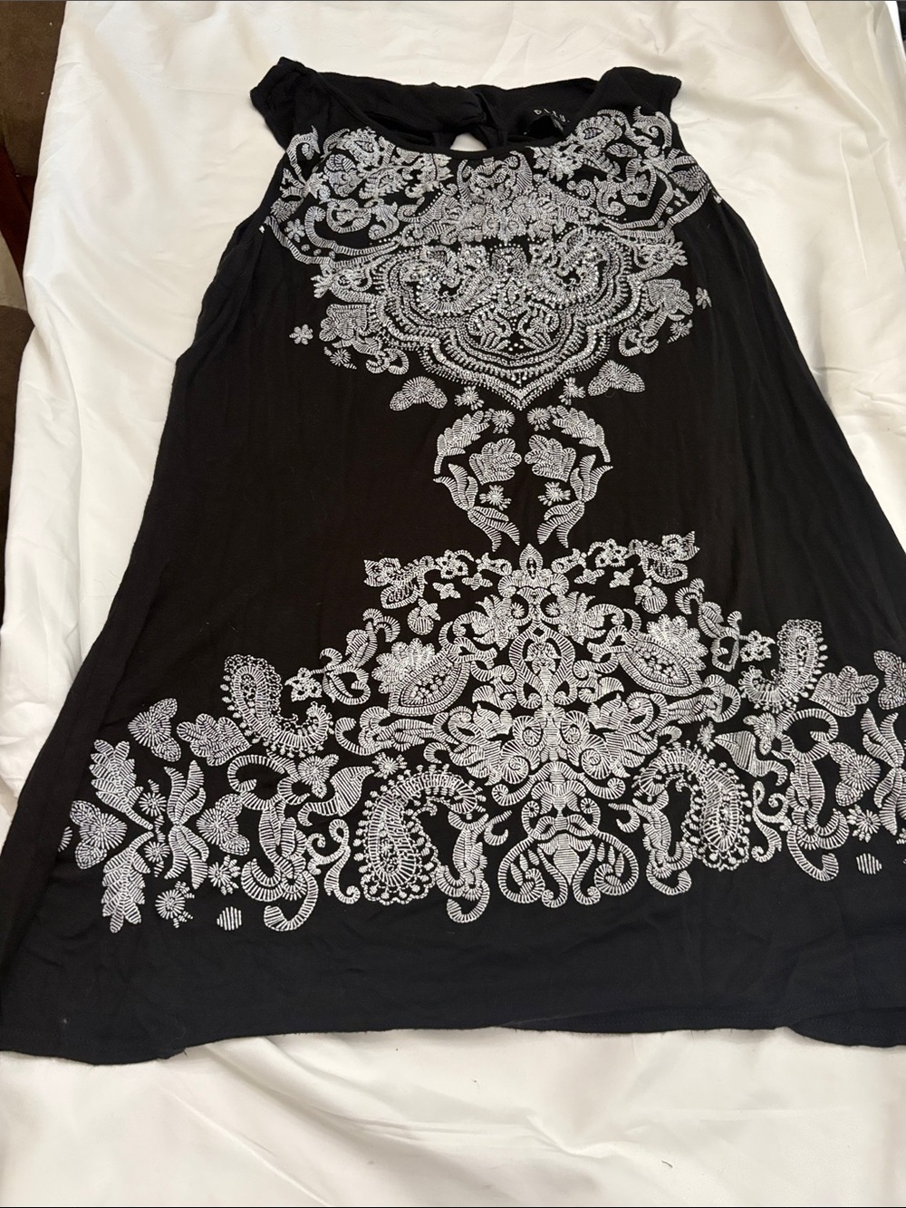 B.L.E.U. Black Top with White Embroidered Paisley Detail